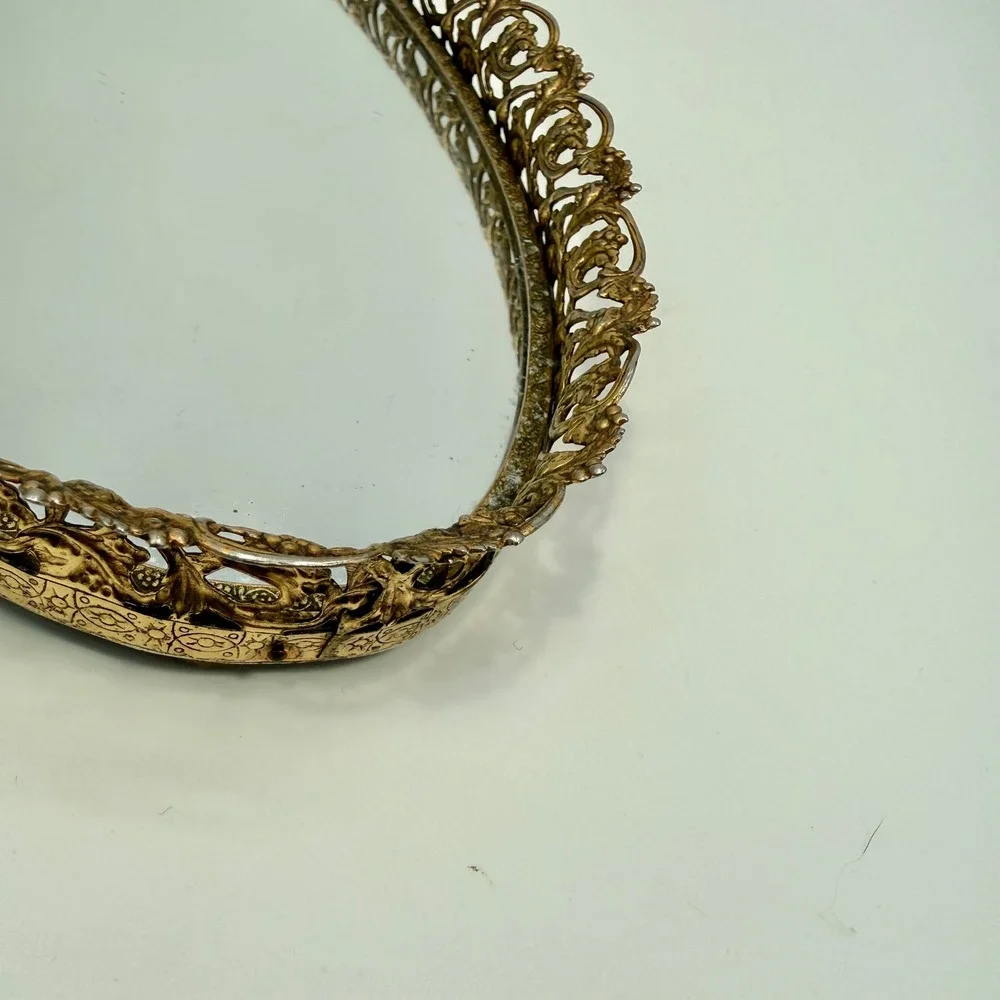 Vintage‎ 50s Oval Gold Gilt Metal Filigree Hollywood Regency Vanity Tray Mirror